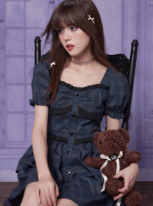 Sleeve Dress Shorts Check Puff