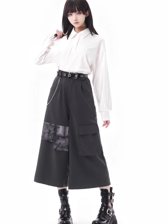Lace-up + Sleeve + Top Skirt Pants Beige Irregular Wide