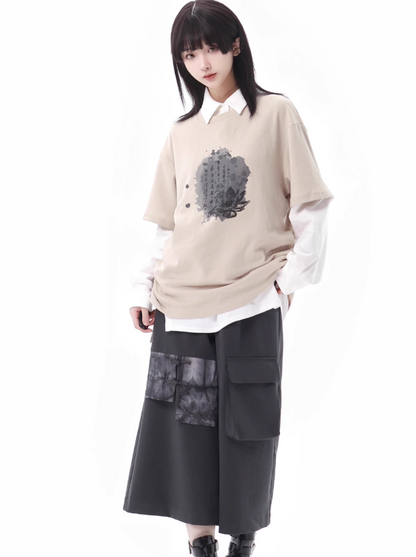 Lace-up + Sleeve + Top Skirt Pants Beige Irregular Wide