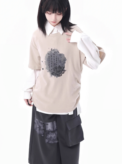 Lace-up + Sleeve + Top Skirt Pants Beige Irregular Wide