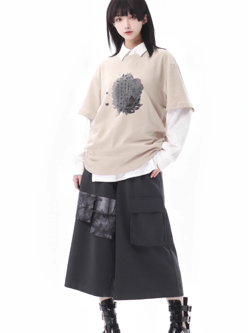Lace-up + Sleeve + Top Skirt Pants Beige Irregular Wide