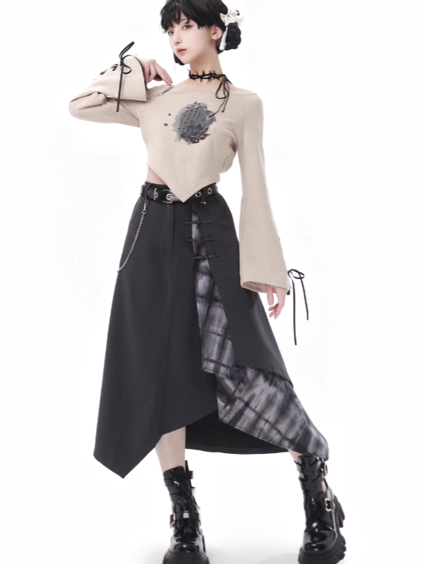 Lace-up + Sleeve + Top Skirt Pants Beige Irregular Wide