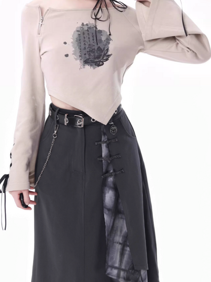 Lace-up + Sleeve + Top Skirt Pants Beige Irregular Wide