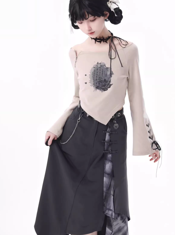 Lace-up + Sleeve + Top Skirt Pants Beige Irregular Wide
