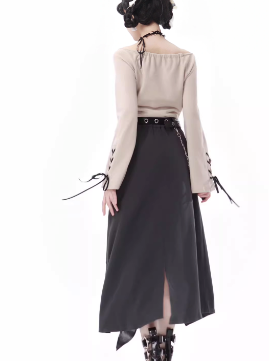 Lace-up + Sleeve + Top Skirt Pants Beige Irregular Wide