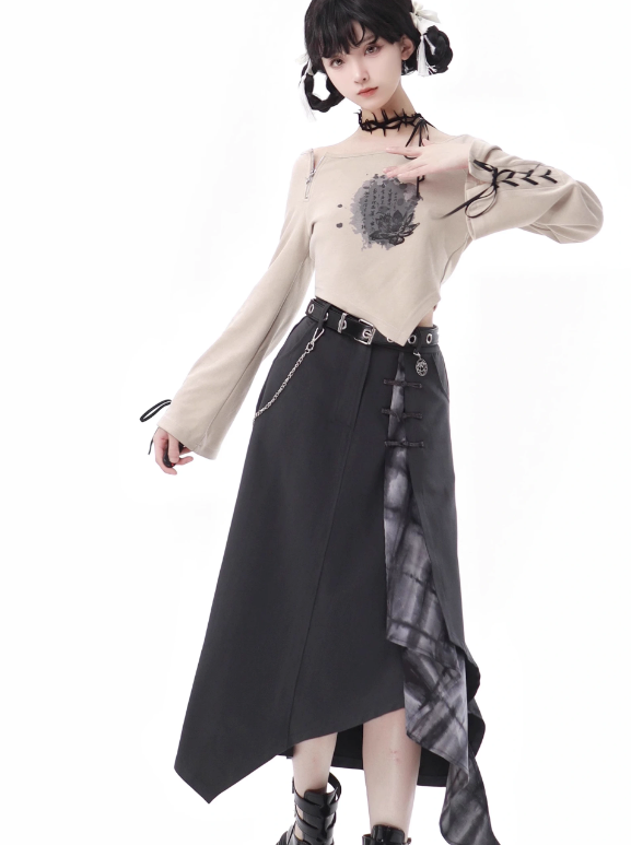 Lace-up + Sleeve + Top Skirt Pants Beige Irregular Wide