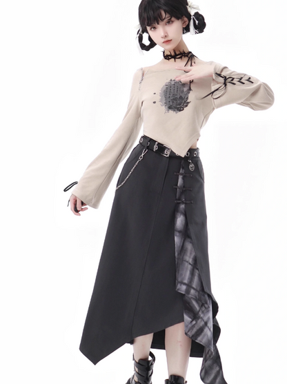 Lace-up + Sleeve + Top Skirt Pants Beige Irregular Wide