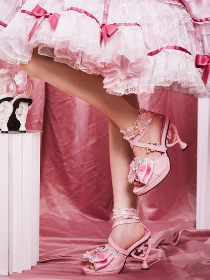 Top bei Hime High Heels Gyaru Schuhe Rosa Magische Schleife Herzförmige Mädchen Sandalen