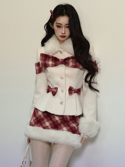 Apricot Plaid Bow Accents Woolen Jacket