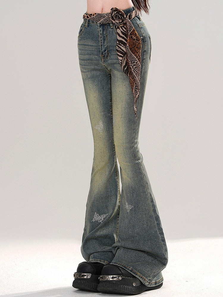 Jeans Rhinestone Butterflies Wash Adorned Blue Faded Fishtail Denim