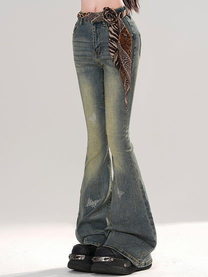 Jeans Rhinestone Butterflies Wash Adorned Blue Faded Fishtail Denim