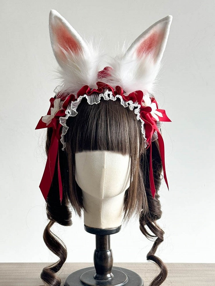 Pink Ears and Red/Pink/Black Rabbit Daisy with Hairband Decoration Lolita Lace