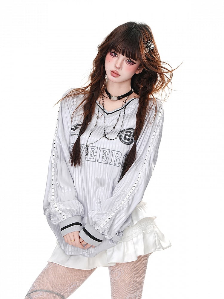 Pink/Gray Striped Pattern V-Neck Loose Sweatshirt