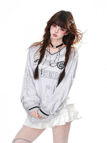 Pink/Gray Striped Pattern V-Neck Loose Sweatshirt