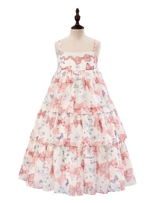 Robe Lolita d'été rose taille haute avec jupe à volants et nœuds