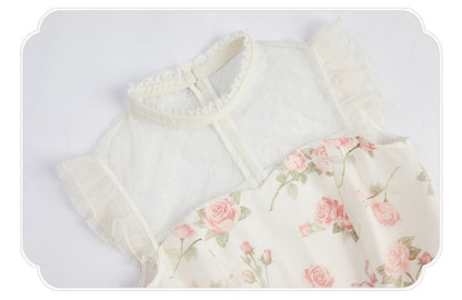 Dress Pink Print Rosette White Illusion Lolita Summer Neckline