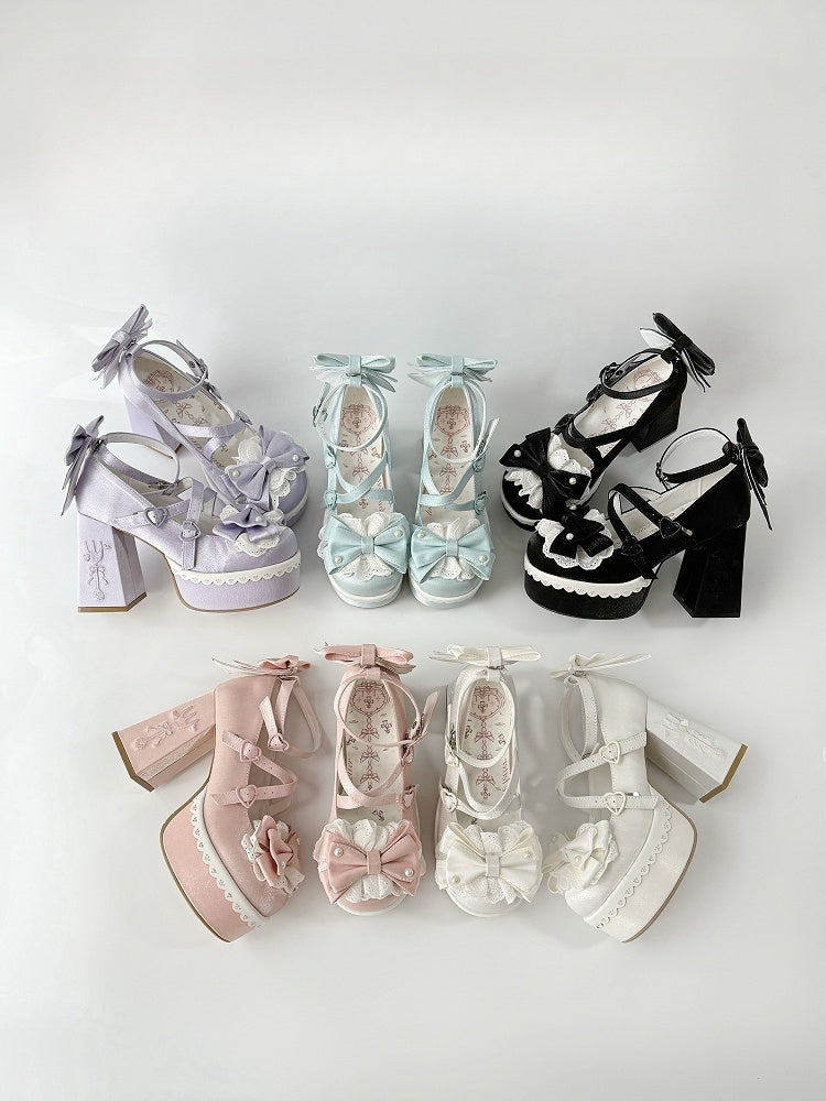 High Lace Pink Block Embroidery Buckle Heels Fork Bowknot Lolita Platform Straps