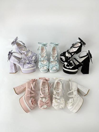 High Lace Pink Block Embroidery Buckle Heels Fork Bowknot Lolita Platform Straps