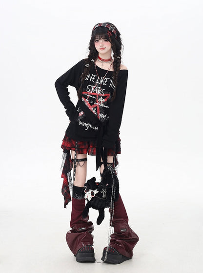 Top Schwarz Asymmetrischer Ausschnitt Star Graffiti Print Lose