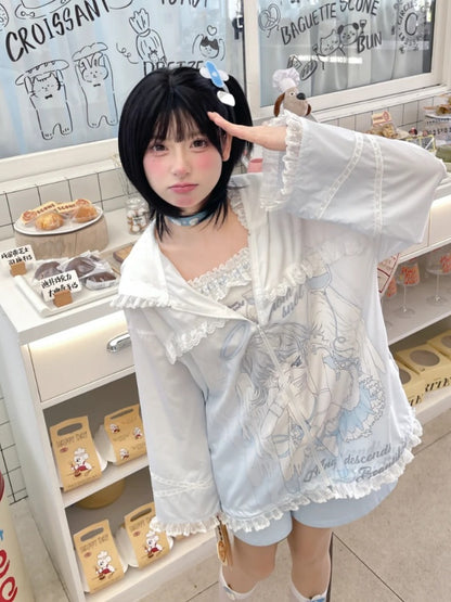 Sonnenschutz mit Kapuze, blau-weiß, Anime-Mädchen-Print, gekräuselter Saum, Jacke, Spitze