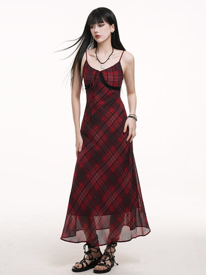 Self-tie Strap Neckline Cami Dress Red  Black Plaid V-neck