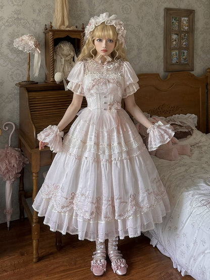 Lolita Sleeves Pink Short Dress Cherry Delicate Princess Blossom Embrodery