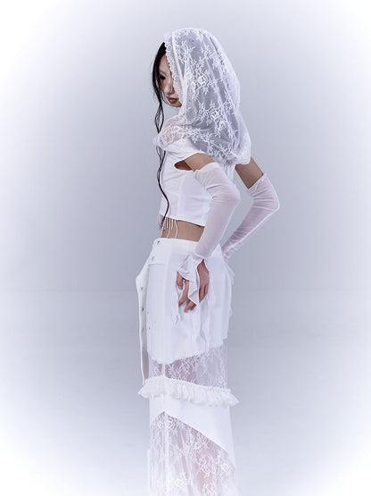 Hood Punk Hem Top with Cropped White Cutout Lace Shoulder Beaded Tassel