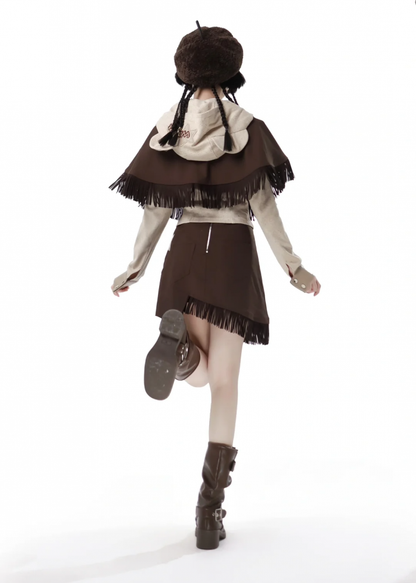 Brown Tassel Hemline Lace-up Closure Cape