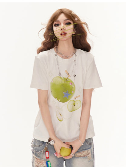 Embellished T-Shirt Green Apple Print White Round Neck Rhinestones