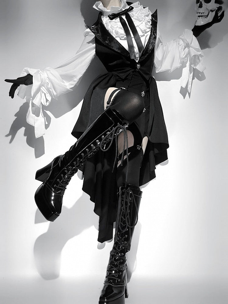 Boots Knee-high Lace-up Ties Front Black Block Heel Platform Polished High Gothic