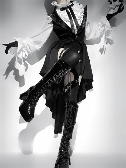 Boots Knee-high Lace-up Ties Front Black Block Heel Platform Polished High Gothic
