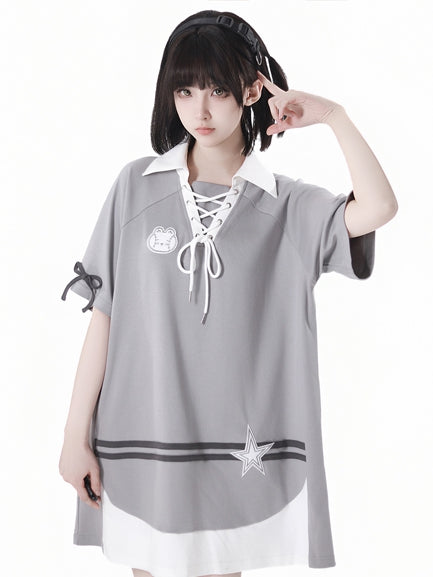 Neckline Star Loose Gray Lace-up Bunny Applique and Dress