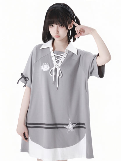 Neckline Star Loose Gray Lace-up Bunny Applique and Dress