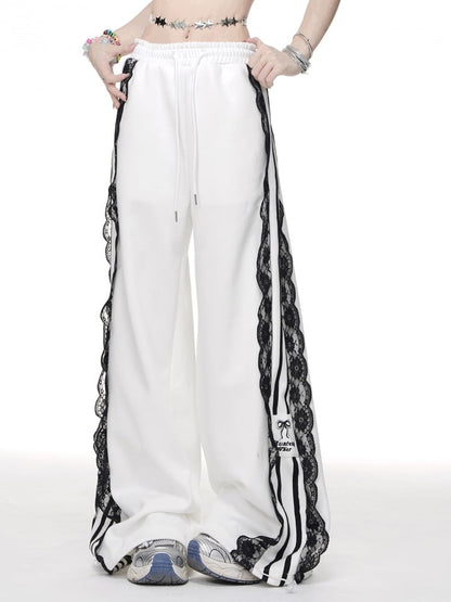 Lace Trim Wide-leg Cut Blokettecore Pants