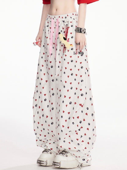 with Charm White Allover Paw Print Drawstring Cuffs Wide-Leg Pants Free