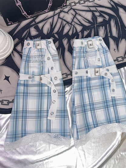 Black&White/Pink/Blue/Black&Grey Plaid Leg Warmers with Buckle Straps