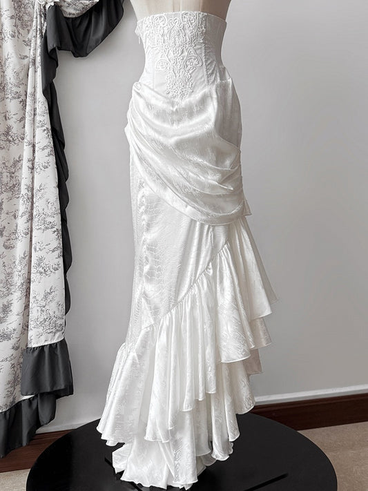 Skirt Cascading Asymmetrical Gothic White High Corset Waist Mermaid Hem Lolita Flounce Boned