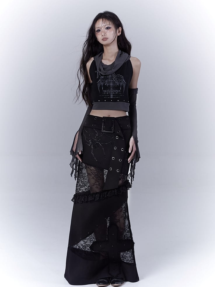 Sleeveless Top Armwear Print Punk Studded Black Cross Wing with Free