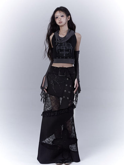 Sleeveless Top Armwear Print Punk Studded Black Cross Wing with Free