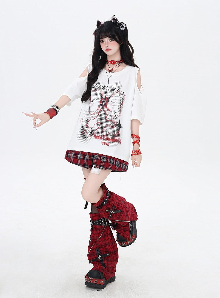 Red Neck Plaid Hem White Cutout Shoulder Graphic T-Shirt Round