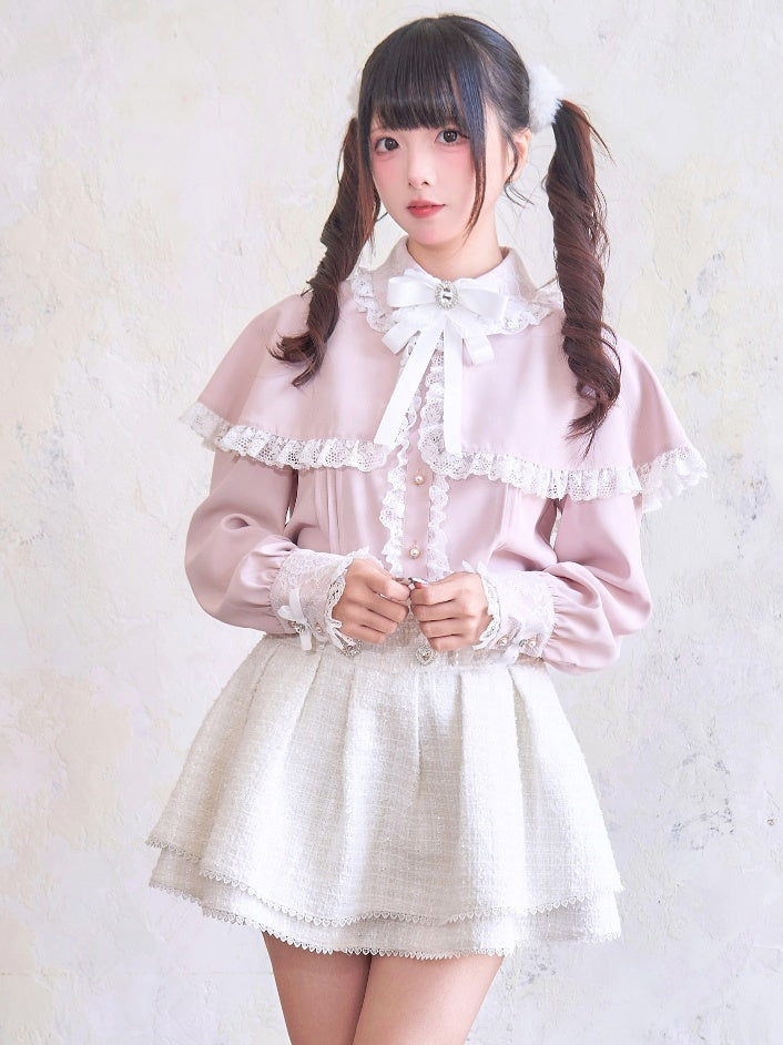 Waist White Jirai Kei Heart Rhinestones High Skirt Tweed