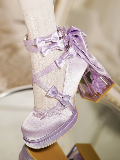 Elegant Camellia Flower Heel Purple Platform Block High Heels