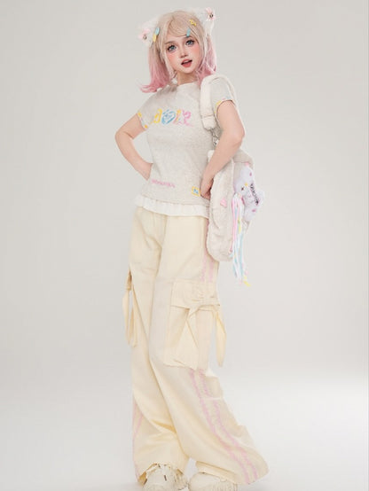Pants Floral Bow Details Straight-leg With Apricot/Black Stripes And