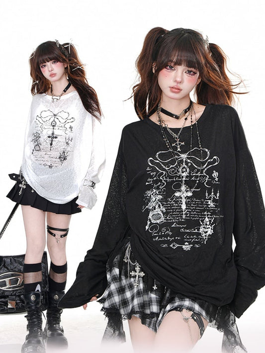 Black/White Semi-sheer Cross Print Drawstring Waist Loose Sweatshirt