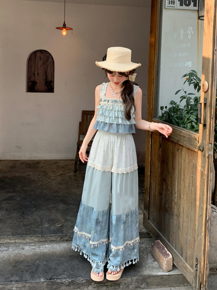 Tassel Hem Shell Charm Wide-Leg Holiday Pants Blue Colorblock Design