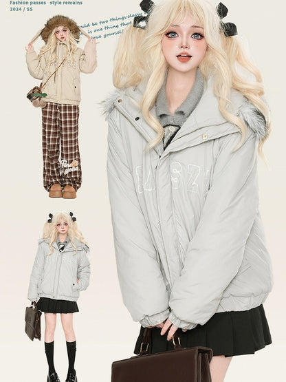 Grey/Apricot Letters Print Bunny Ears Hooded Thick Jacket Detachable Hood