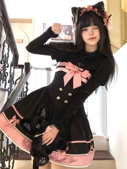 Black and Pink Cat Ears Bow Accents Basque Waist Sweet Dress Lolita Jumper Skirt