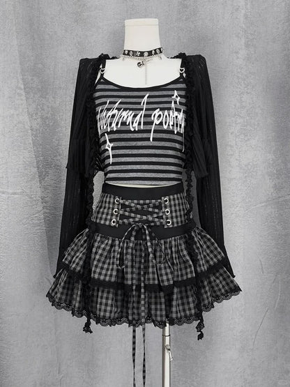 Self-tie Y2K Striped Cami Top with Black Cropped Coverup Set