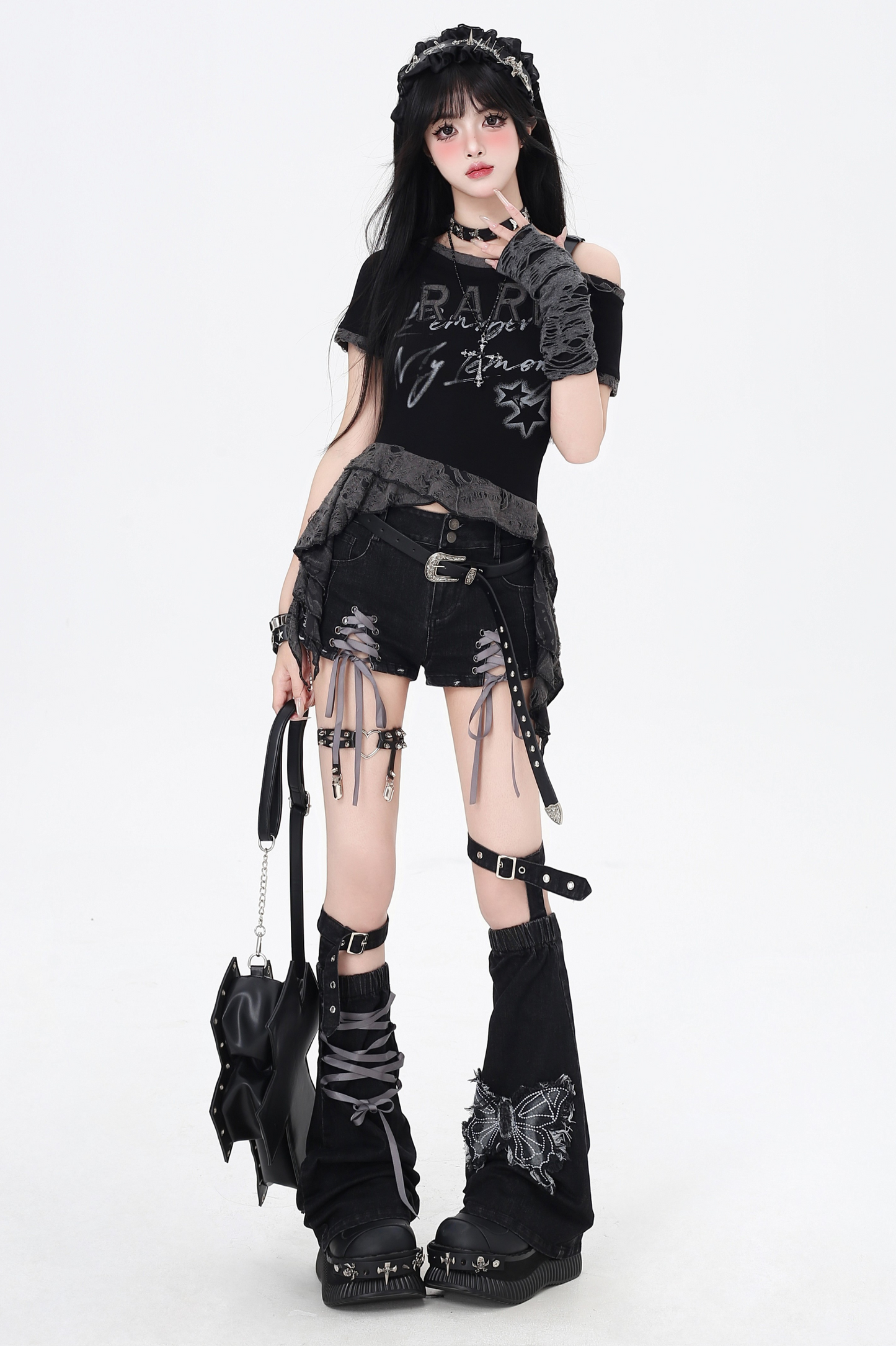 shorts Colored ribbon denim lace-up
