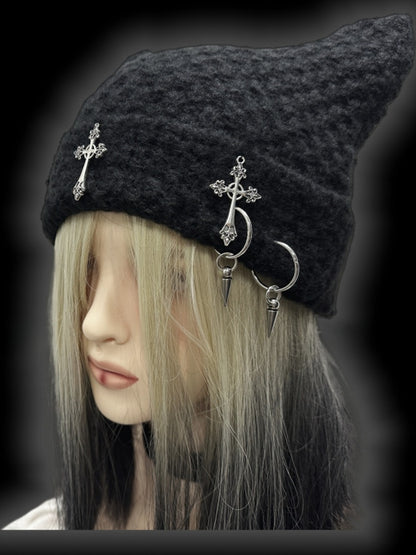 Y2K Black Cross Charms Studs Punk Cat Ears Beanie